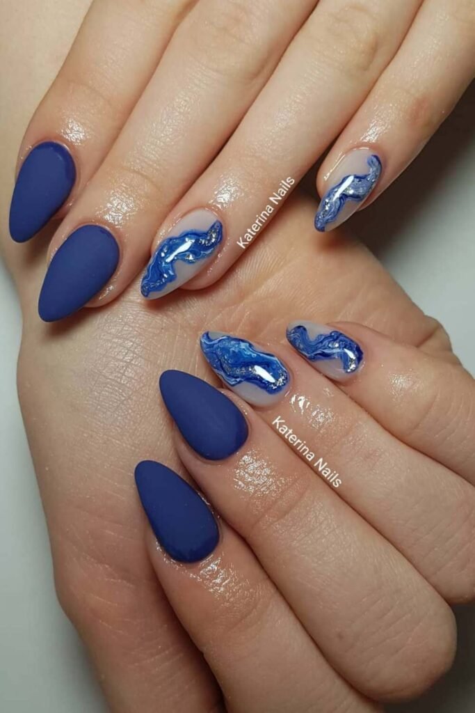 blue waves oval nails