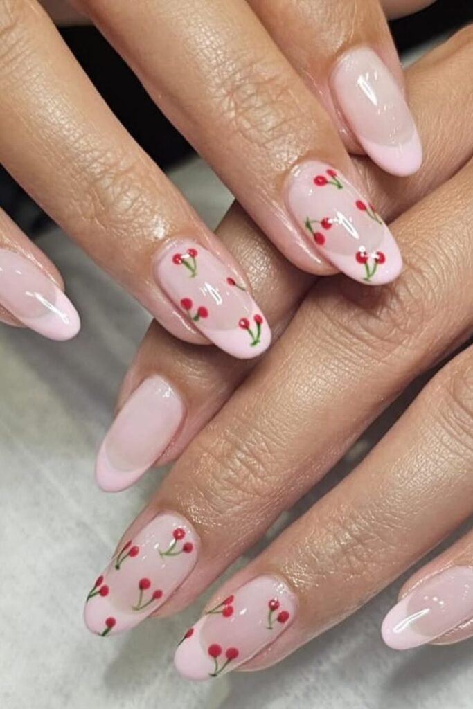 Looking for a cute and feminine cherry nail look? This sweet cherry nail design blends soft pinky tips with delicate cherry accents for a fresh and youthful vibe. Whether you opt for tiny hand-painted cherries or a subtle red Cherry, this manicure is all about playful elegance.