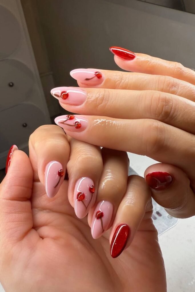 Tiny 3D cherries popping off a clean nude base 
