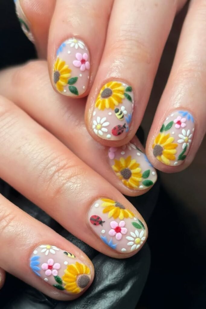 These sunflower nails are a true work of art! Featuring intricate sunflower nail designs alongside delicate daisies and tiny ladybugs, this look is perfect for those who love creative, nature-inspired manicures.