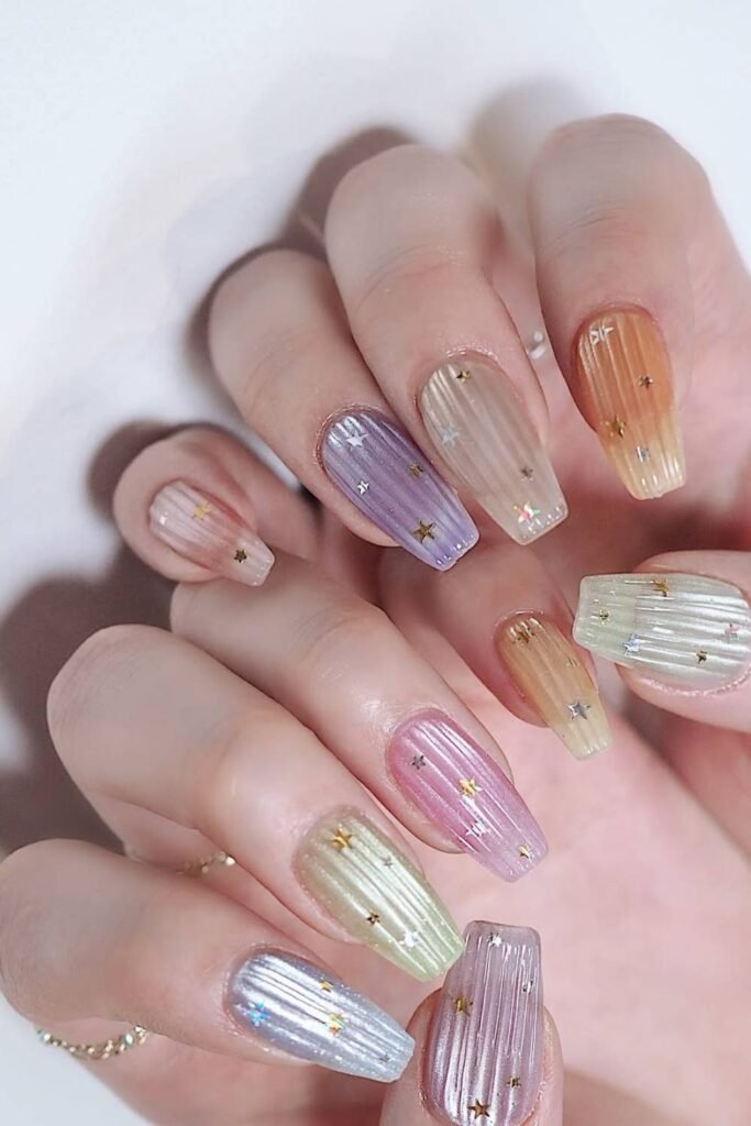 Pastel magnetic polishes that shift in the sunlight + tiny scattered stars??