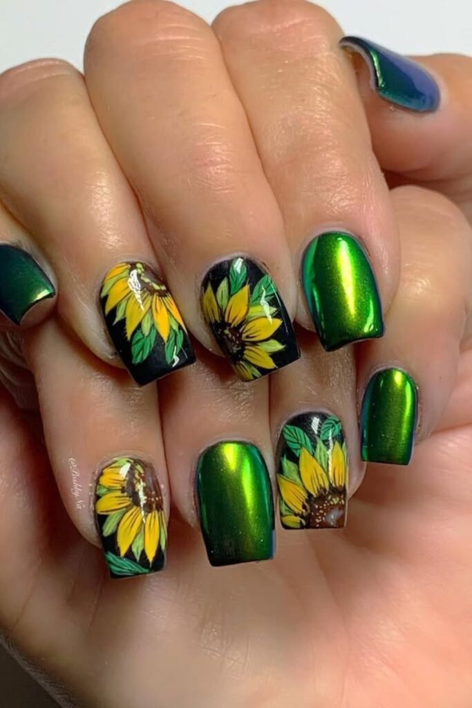 Metallic green polish paired with vibrant sunflower designs makes for a bold, eye-catching manicure. The glossy finish enhances the deep green tones, creating a striking contrast with the bright yellow petals and dark centers of the sunflower art.