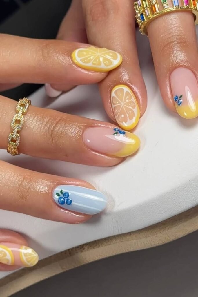 Sliced oranges with tiny flowers 