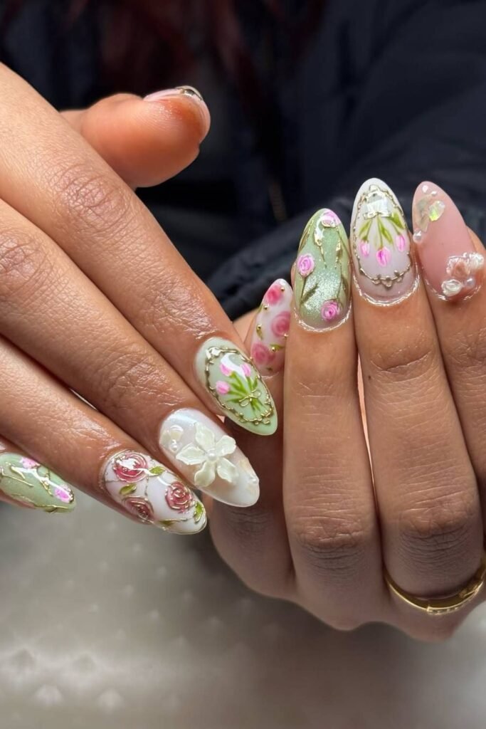 Magnetic cat eye polish in fresh spring green, sprinkled with delicate flowers and gold accents.