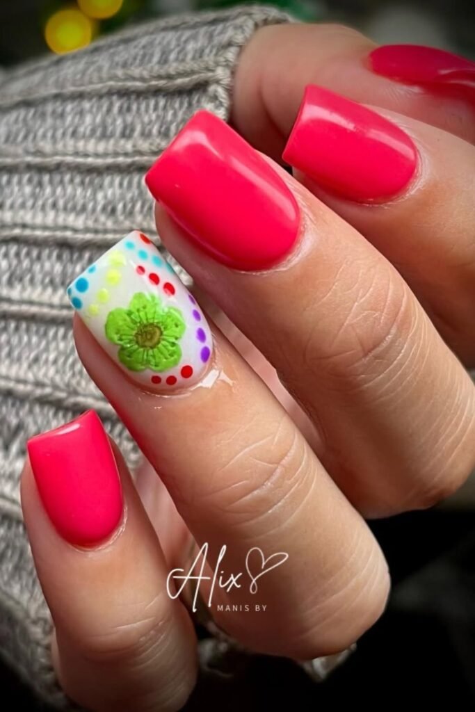 Oh, this Cinco de Mayo nail art is absolutely stunning! The white base with multicolored dots adds an extra touch of Mexican style nails charm, making these Cinco de Mayo nails designs perfect for the Party celebration.