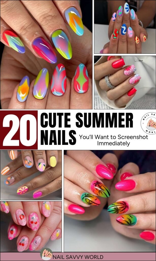 A collection of 20 trendy and playful summer nail designs featuring bright, seasonal colors and fun nail art, perfect for beach days, vacations, and warm-weather looks.