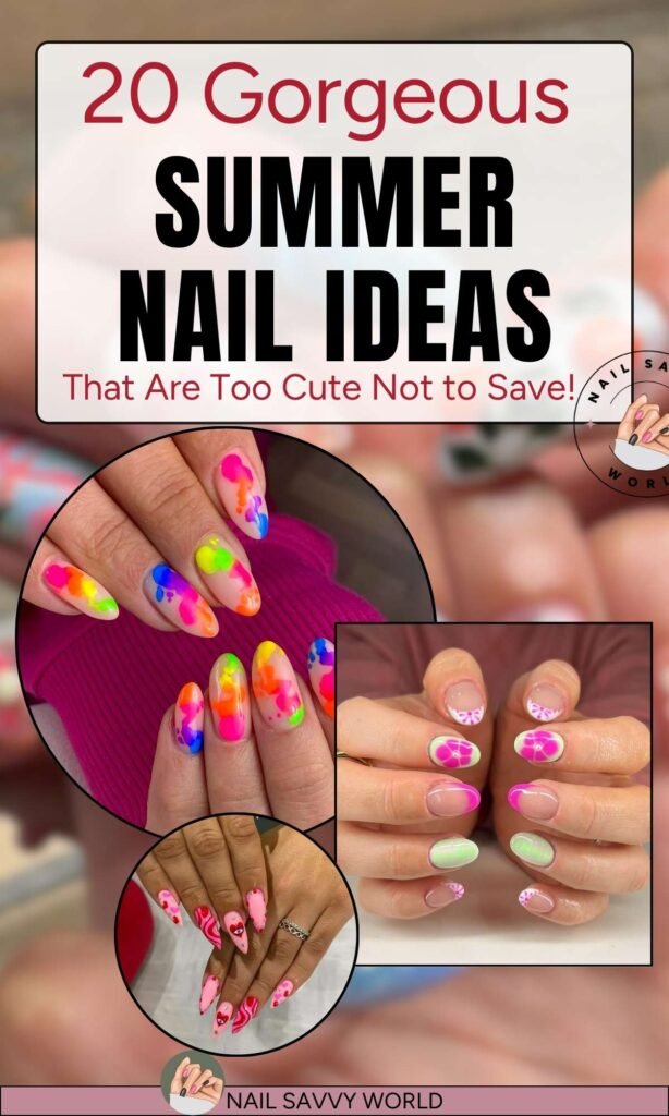 A curated roundup of 20 cute and stylish summer nail designs featuring seasonal trends, perfect for beach trips, vacations, and fun summer looks.