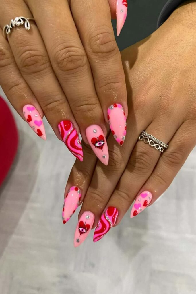 Flame heart coffin nails with edgy red and black art.