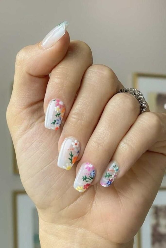 White nails with detailed floral designs.