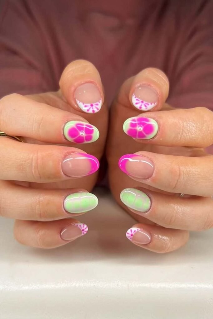 Pink and green butterfly summer nail art.