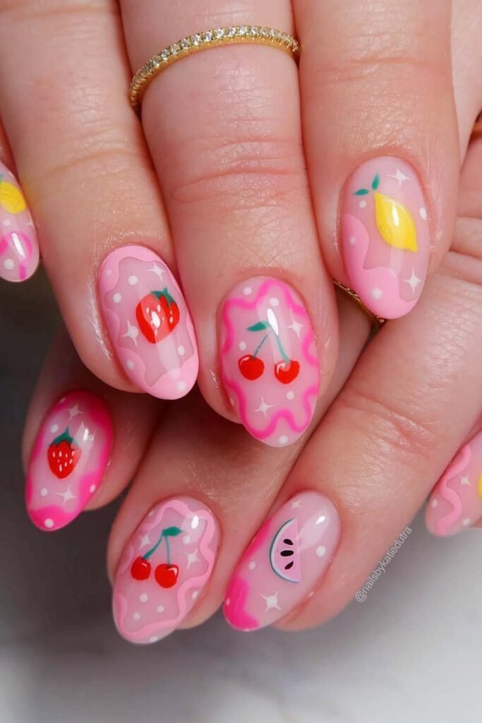 Neon fruit-themed short summer nails with dripping detail.