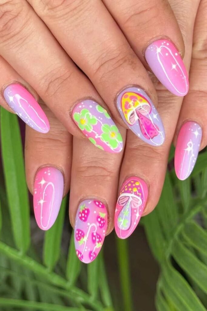 A pastel spring break manicure with strawberries, clovers, surfboards, and white stars